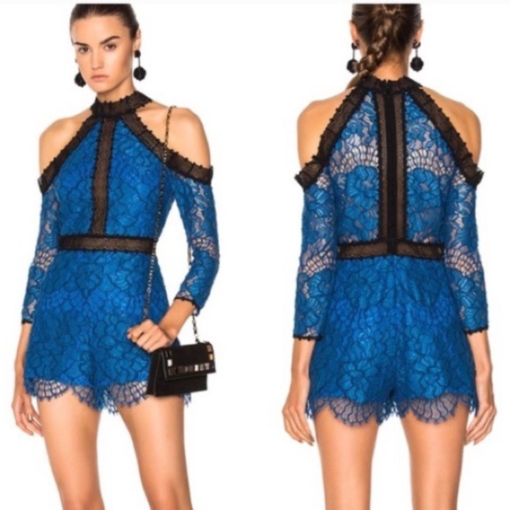 Alexis Blue & Black Lace Cold-Shoulder Romper